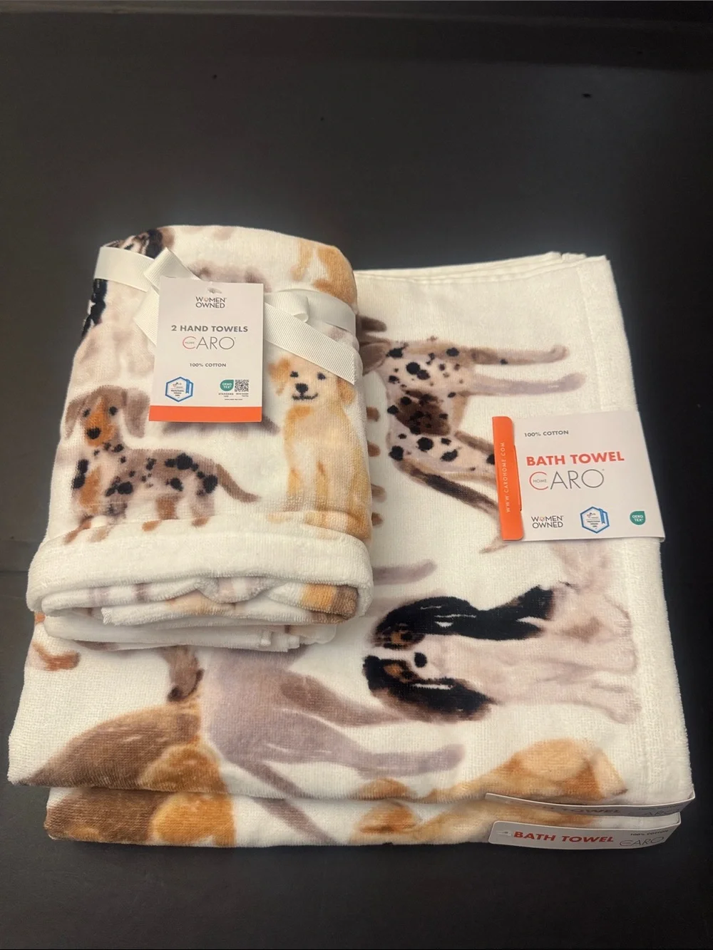 4pc CARO HOME 💯% Cotton Dog Print Pattern Bath Towel Set - Neutral/White